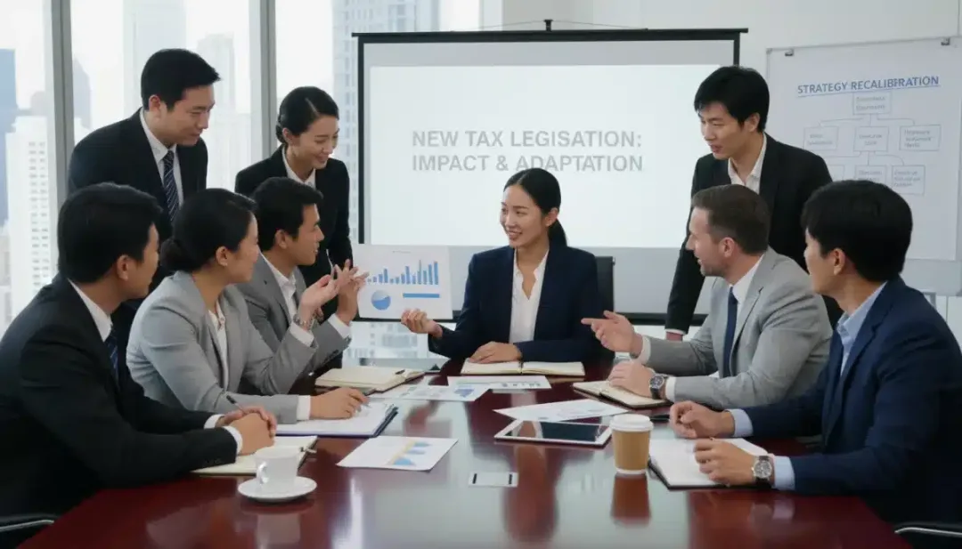 Profissionais de negócios discutindo documentos, representando a adaptação estratégica das empresas à Reforma Tributária 2026.