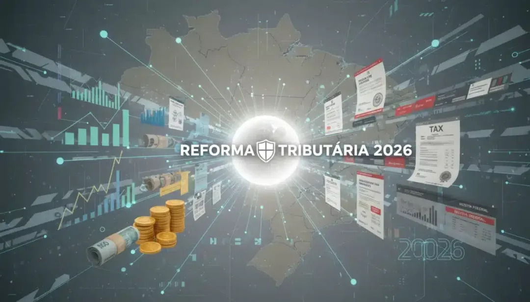 Gráfico complexo com elementos financeiros e documentos fiscais convergindo, representando o impacto da Reforma Tributária 2026 no planejamento financeiro pessoal e empresarial.