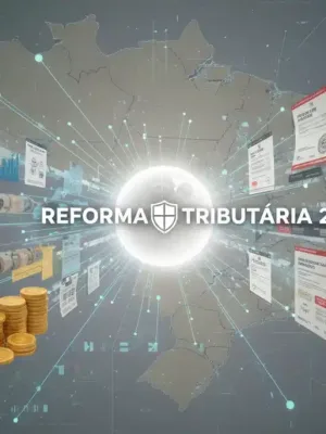 Gráfico complexo com elementos financeiros e documentos fiscais convergindo, representando o impacto da Reforma Tributária 2026 no planejamento financeiro pessoal e empresarial.