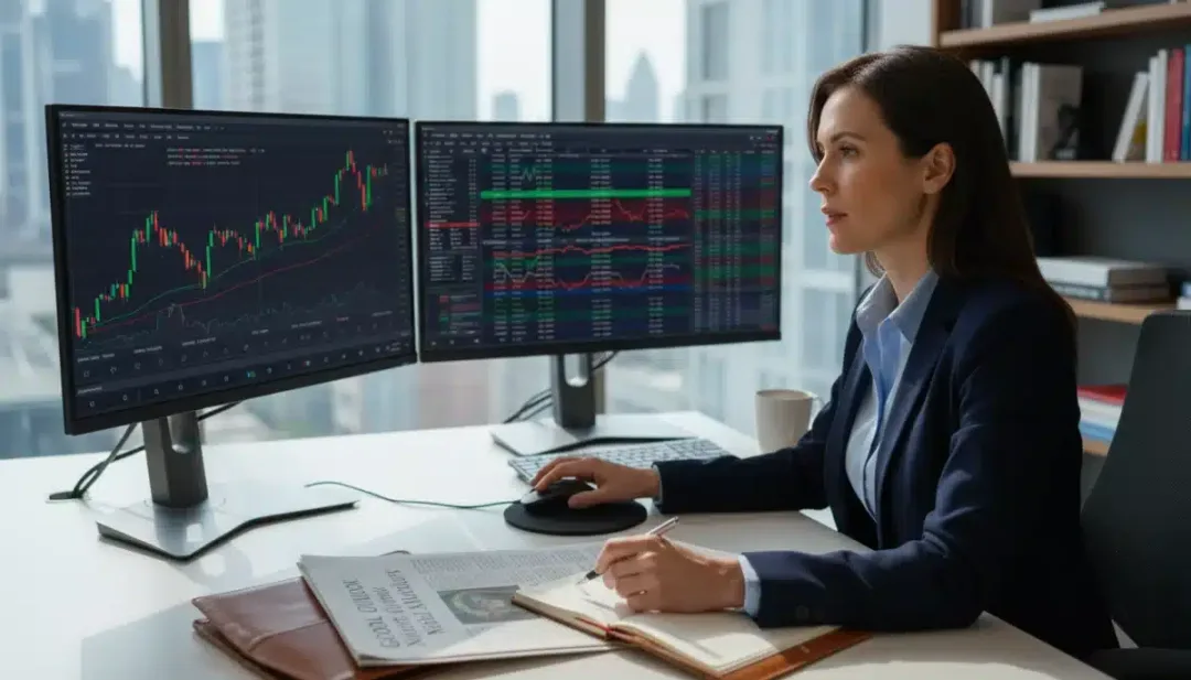 Pessoa analisando dados financeiros e gráficos, tomando decisões estratégicas de investimento em um cenário de Selic a 9,5%.