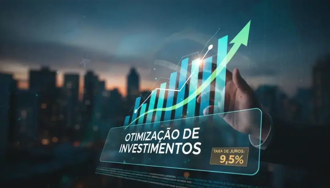 Gráficos financeiros e diagramas de crescimento, representando a otimização de investimentos com a Selic a 9,5% no horizonte de 2026.