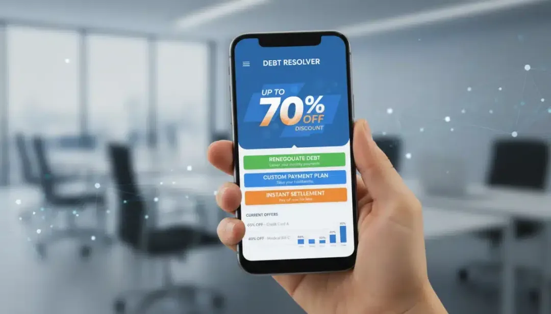Mão segurando smartphone com aplicativo de renegociação de dívidas, mostrando opções de pagamento e descontos, ilustrando a modernidade na gestão financeira.