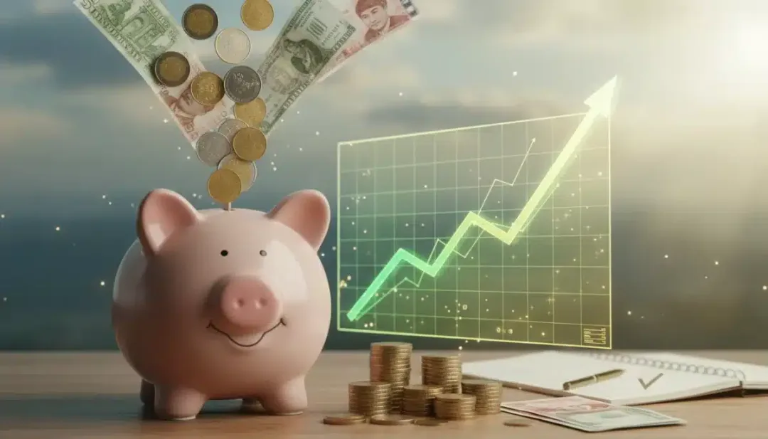 Dinheiro sendo depositado em cofrinho com gráfico de crescimento ao fundo, representando recuperação financeira e a quitação bem-sucedida de dívidas.