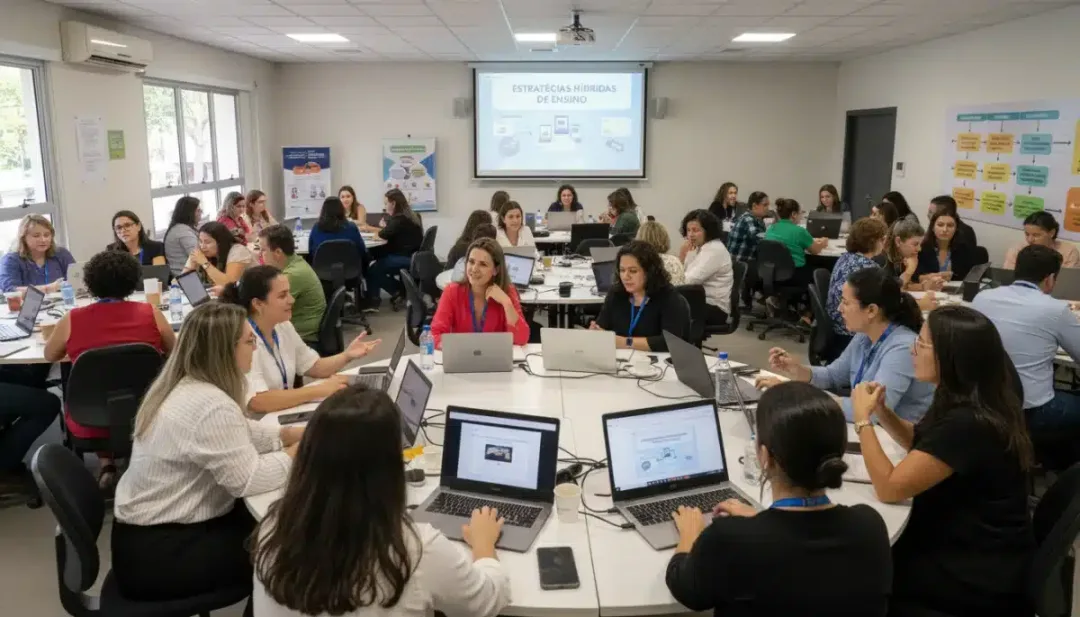 Educadores brasileiros em workshop de desenvolvimento profissional, discutindo estratégias para o ensino híbrido e inovação pedagógica.