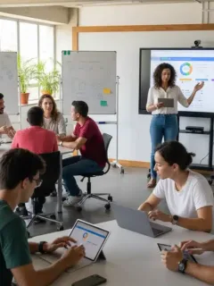 Alunos brasileiros engajados em um ambiente de aprendizado híbrido dinâmico, utilizando tecnologia e interação presencial.