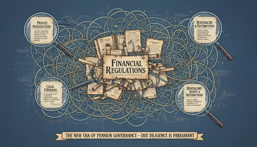 Ilustração de documentos e regulamentações financeiras destacando as novas regras da previdência privada para 2026.