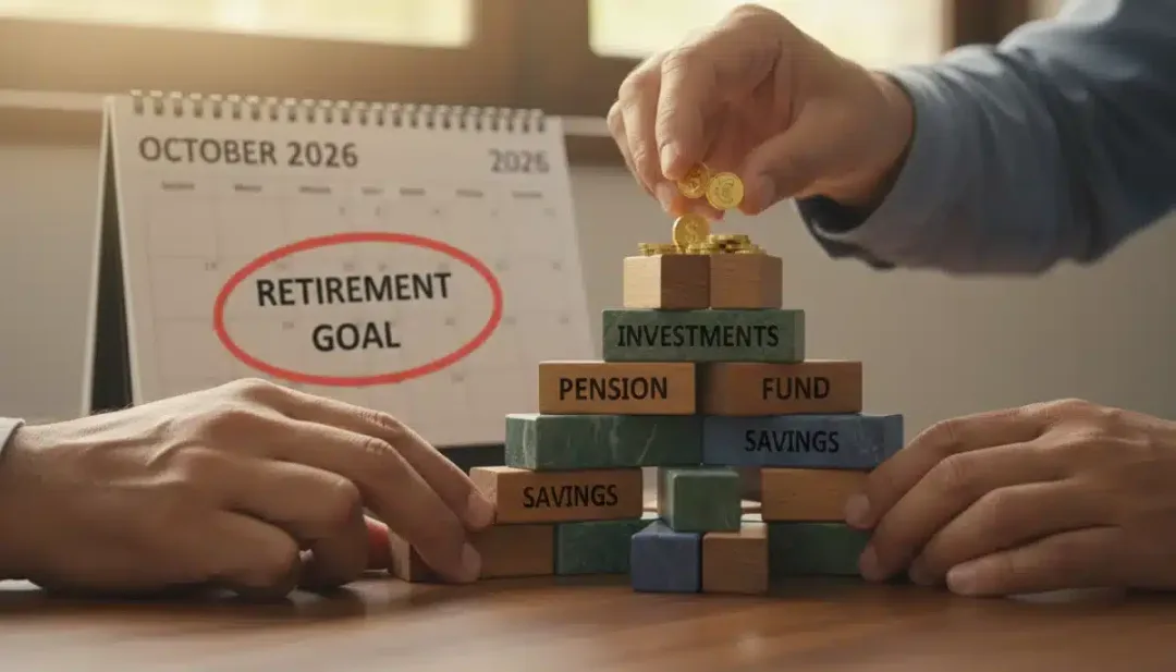 Mãos construindo uma base sólida com blocos financeiros, simbolizando o planejamento estratégico para a aposentadoria com previdência privada em 2026.