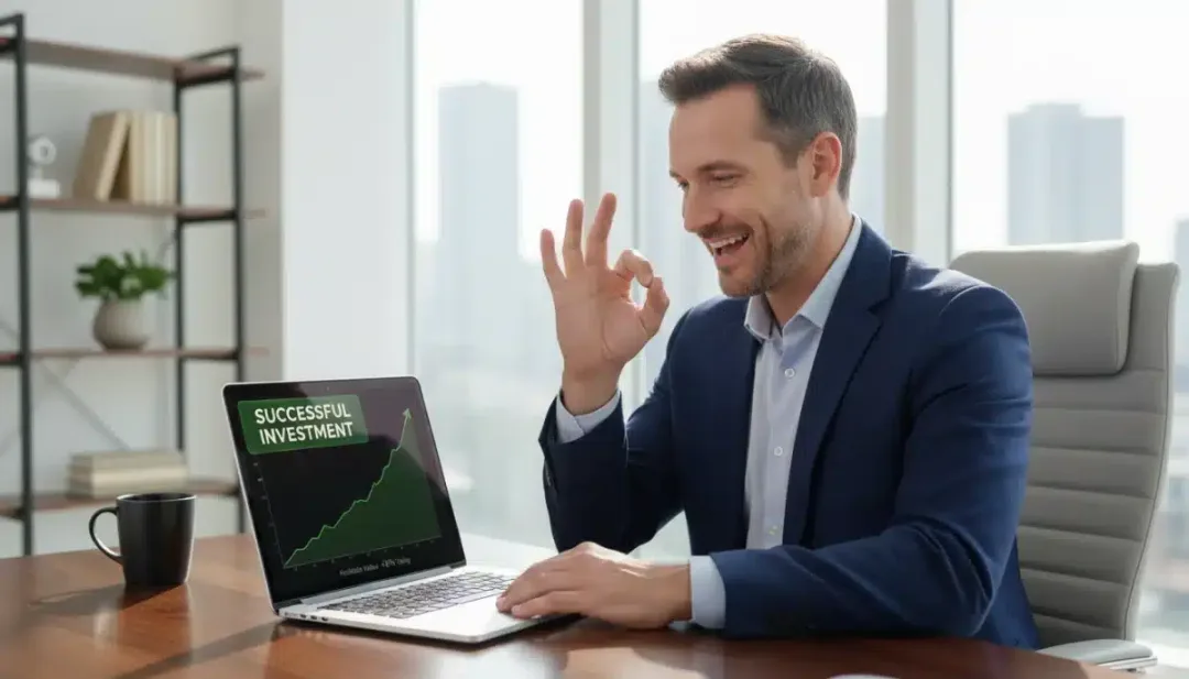 Pessoa satisfeita após tomar uma decisão de investimento informada, com gráfico de sucesso no laptop.