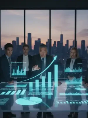 Pessoas analisando gráficos financeiros e fundos de investimento para 2026, com foco em perfis de risco.
