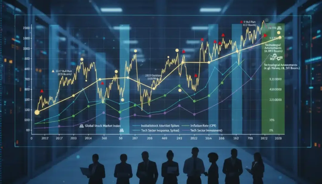 Gráfico histórico do Bitcoin e indicadores econômicos, mostrando a volatilidade e o crescimento.
