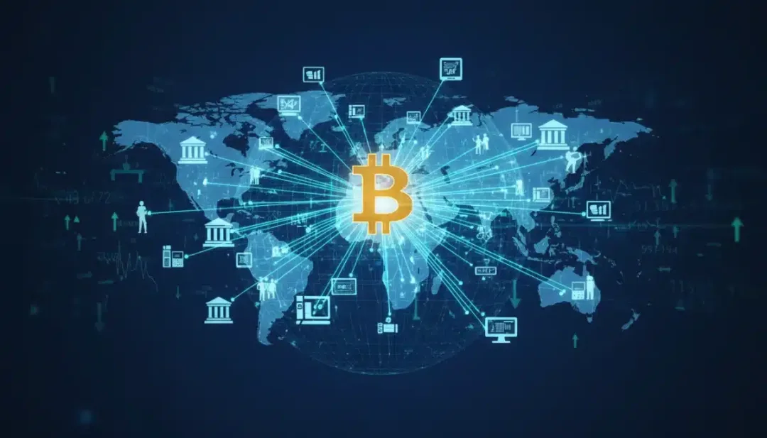 Rede global de blockchain e Bitcoin, ilustrando a descentralização e a adoção crescente.