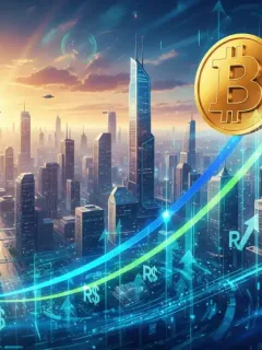 Gráfico otimista do Bitcoin com cifrão de Real, simbolizando o potencial de R$ 300.000 até 2026.