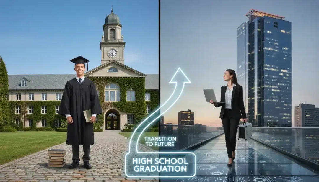 Estudantes em encruzilhada: ensino superior e mercado de trabalho, simbolizando a transição pós-ensino médio.