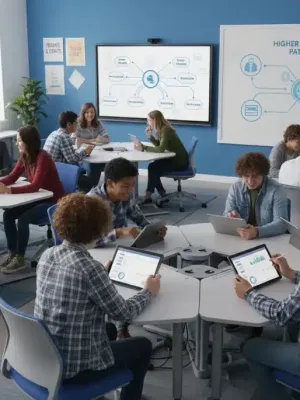 Alunos do ensino médio colaborando em sala de aula moderna, preparando-se para o futuro e o mercado de trabalho.