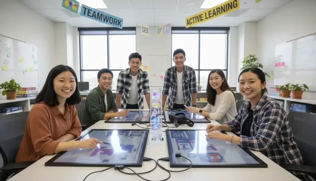 Alunos colaborando em um projeto educacional gamificado, promovendo o trabalho em equipe.