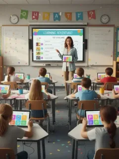 Alunos engajados em atividades de gamificação na sala de aula com tablets.