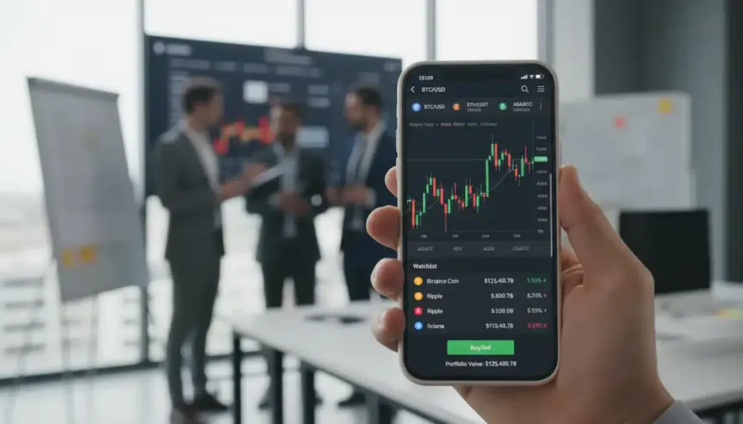 Mão segurando smartphone com aplicativo de trading de criptomoedas, simbolizando a digitalização dos investimentos.