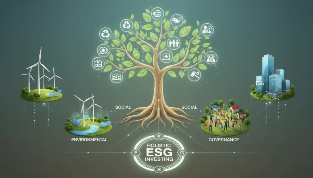 Representação gráfica de fatores ESG (Ambiental, Social, Governança), com árvore estilizada e elementos de sustentabilidade.