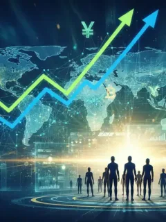 Mercado de Capitais dinâmico com gráficos financeiros e símbolos de moedas, representando as tendências futuras de investimento.