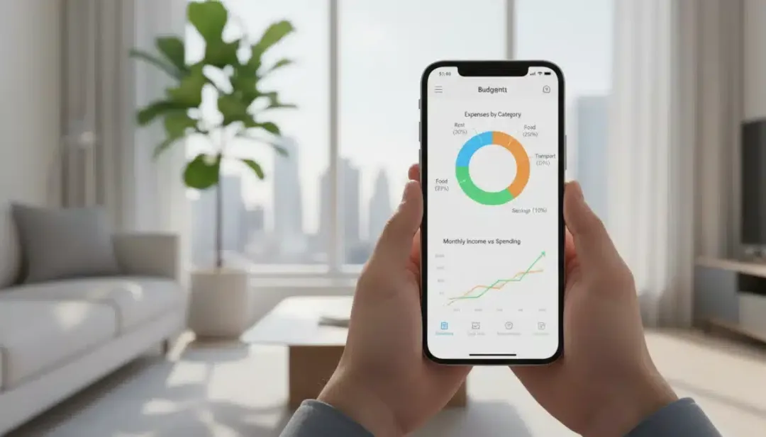 Pessoa usando aplicativo de orçamento e controle financeiro no celular.