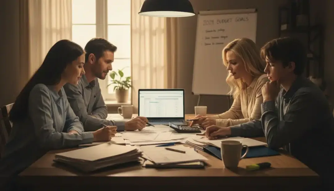 Família revisando documentos de orçamento e planejamento financeiro em uma mesa.