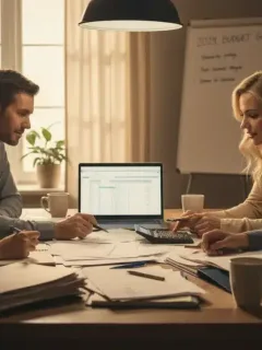 Família revisando documentos de orçamento e planejamento financeiro em uma mesa.