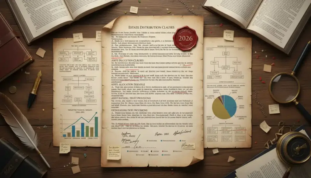 Documento legal com projeções financeiras e cláusulas de planejamento sucessório para 2026.