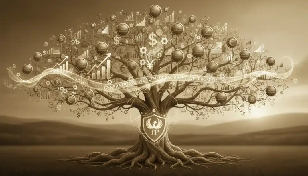 Árvore genealógica com símbolos financeiros, representando a transferência de patrimônio entre gerações.