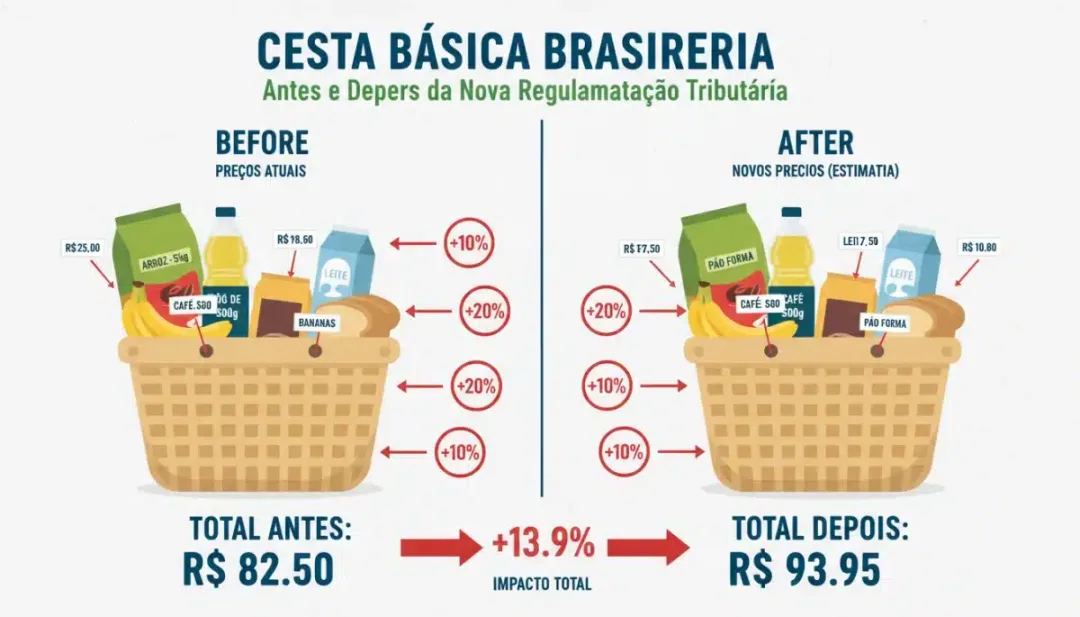 Cesta de compras brasileira com comparação de preços antes e depois da reforma tributária de 2026.