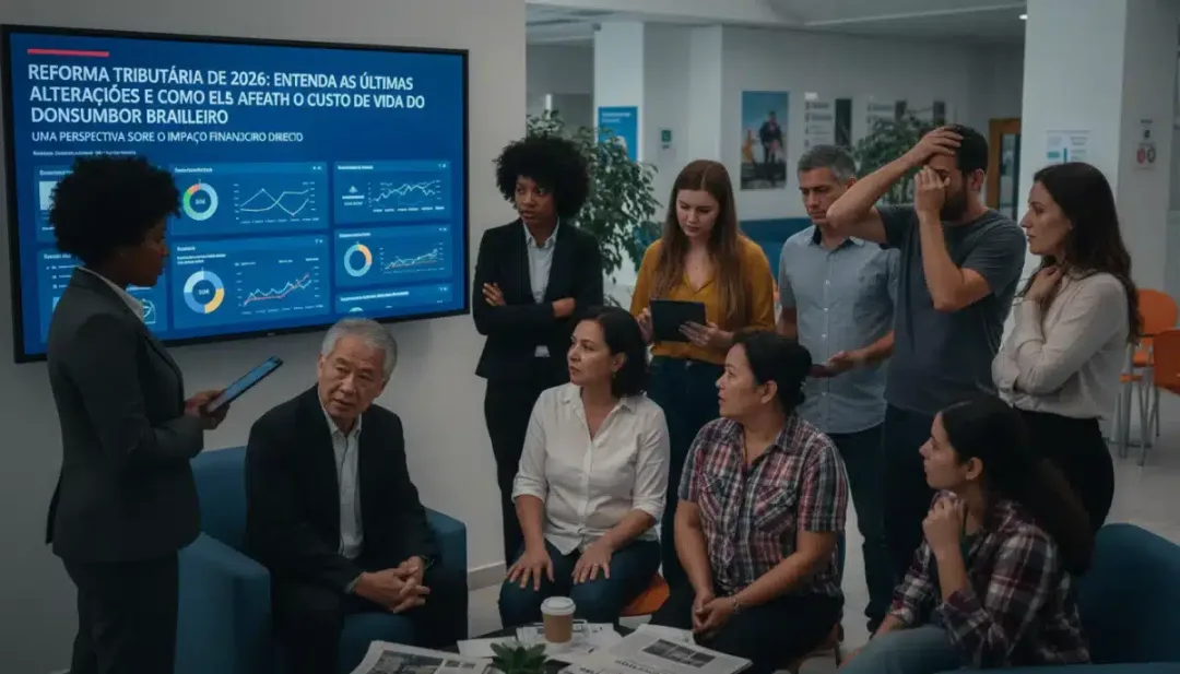 Brasileiros de diferentes perfis analisando notícias sobre a reforma tributária e seu impacto financeiro.