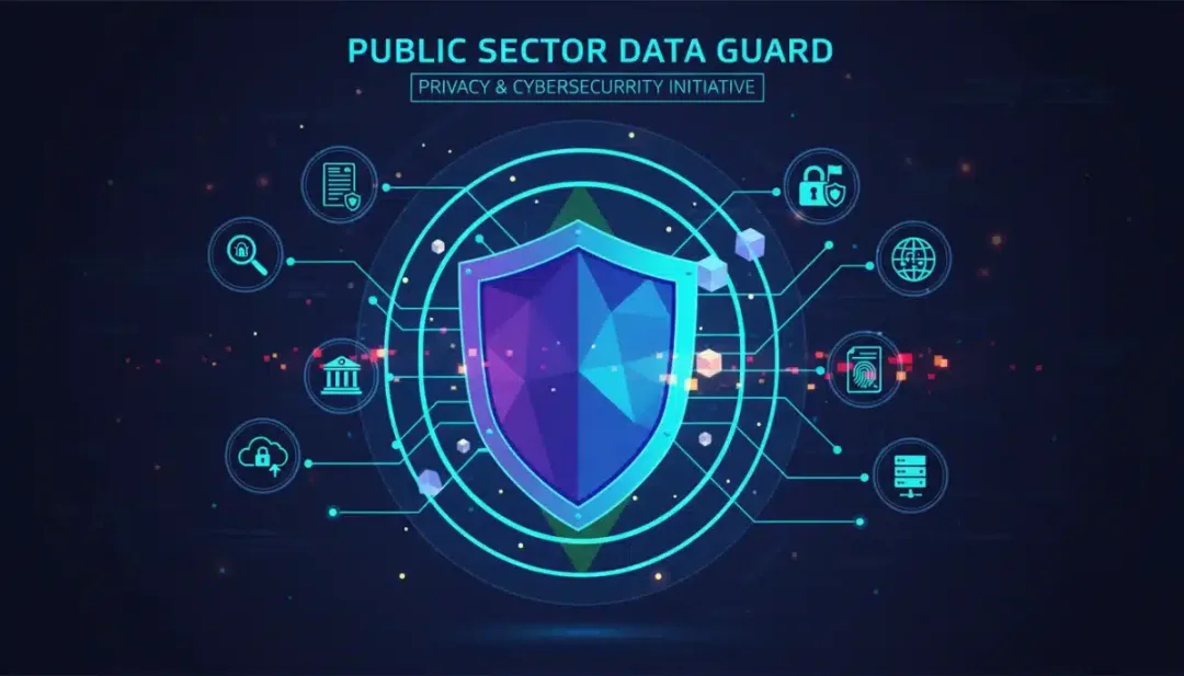 Escudo digital protegendo dados governamentais e informações de cidadãos, simbolizando a segurança da informação na era da LGPD.