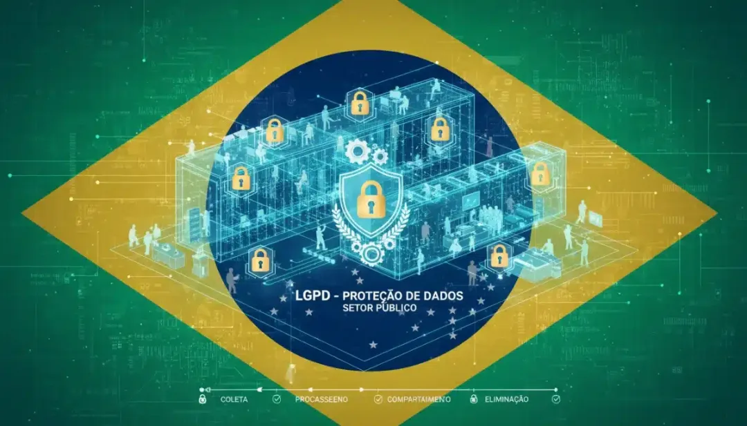 Representação gráfica dos desafios e impactos da LGPD no setor público brasileiro em 2026, com foco na segurança e conformidade de dados.