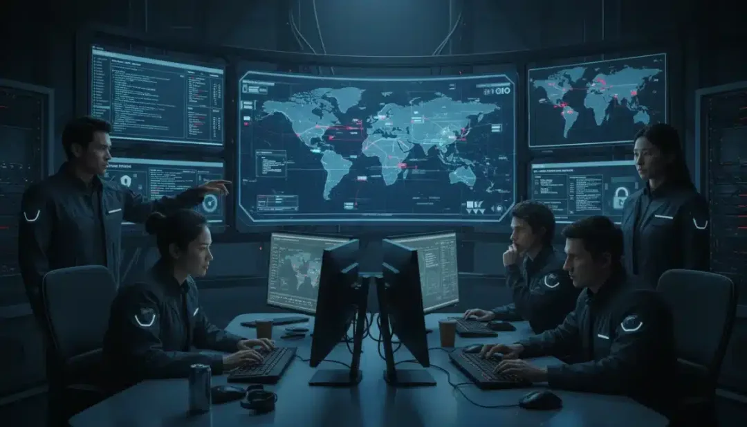 Analistas de segurança cibernética em sala de controle monitorando ameaças digitais e defendendo redes.