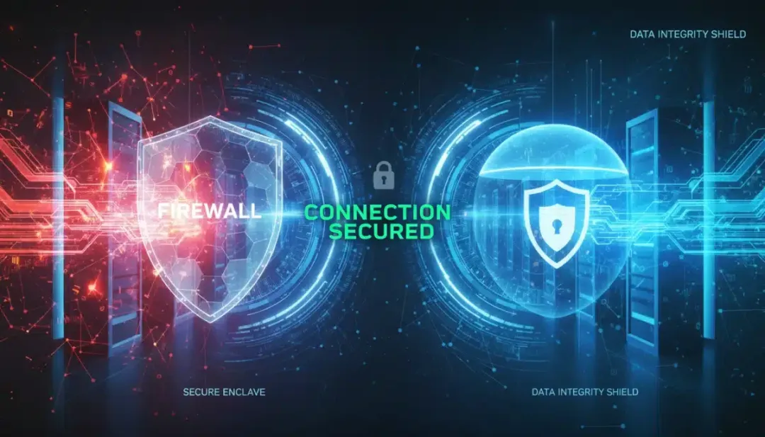 Representação visual de dados protegidos por firewalls e escudos em uma rede segura contra ataques cibernéticos.