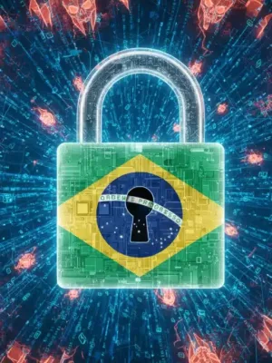 Cadeado digital com bandeira do Brasil e códigos binários, simbolizando a segurança cibernética nacional frente ao aumento de ataques digitais.