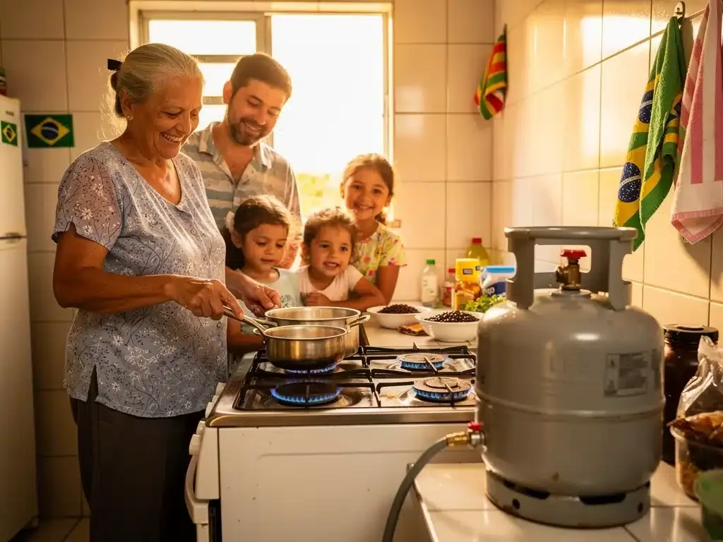 Família brasileira cozinhando com alegria, utilizando o Auxílio-Gás para comprar o botijão de gás.