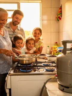 Família brasileira cozinhando com alegria, utilizando o Auxílio-Gás para comprar o botijão de gás.