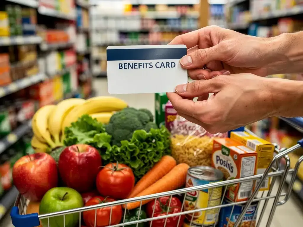 Pessoa segurando um cartão de vale-alimentação com um carrinho de compras cheio de alimentos frescos e saudáveis, simbolizando economia e uso inteligente do benefício.