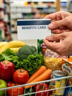 Pessoa segurando um cartão de vale-alimentação com um carrinho de compras cheio de alimentos frescos e saudáveis, simbolizando economia e uso inteligente do benefício.