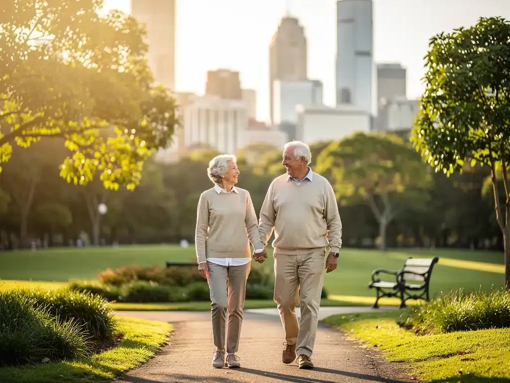 Casal de idosos sorrindo e segurando as mãos em um parque, com a cidade ao fundo, simbolizando alívio financeiro e acesso a lazer.