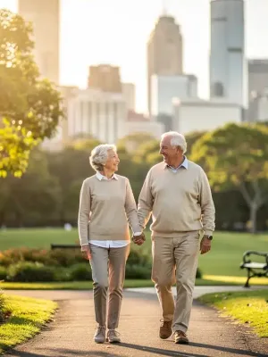 Casal de idosos sorrindo e segurando as mãos em um parque, com a cidade ao fundo, simbolizando alívio financeiro e acesso a lazer.