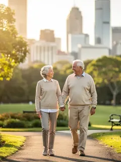 Casal de idosos sorrindo e segurando as mãos em um parque, com a cidade ao fundo, simbolizando alívio financeiro e acesso a lazer.