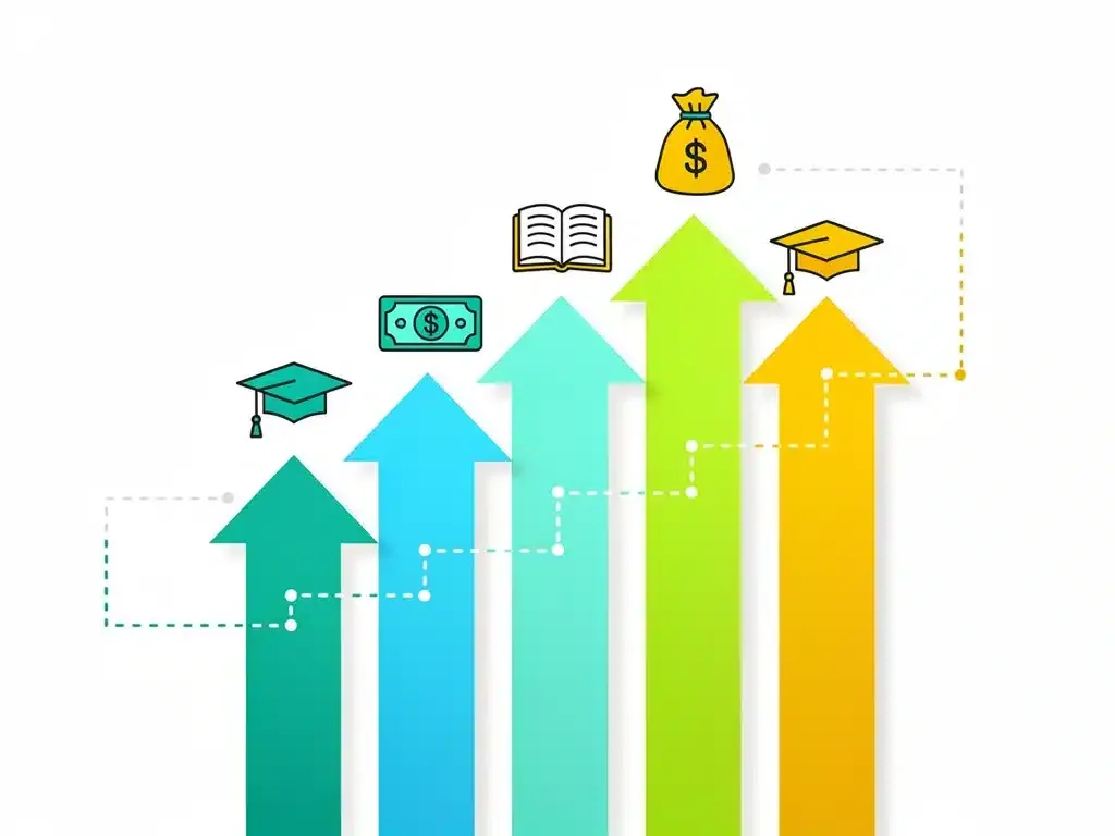 Gráfico com setas ascendentes e ícones de formatura e dinheiro, representando a expansão dos benefícios estudantis.