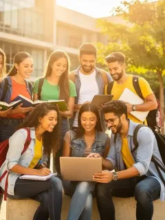 Grupo diverso de estudantes universitários brasileiros em campus moderno, simbolizando os Benefícios Estudantis em 2026.