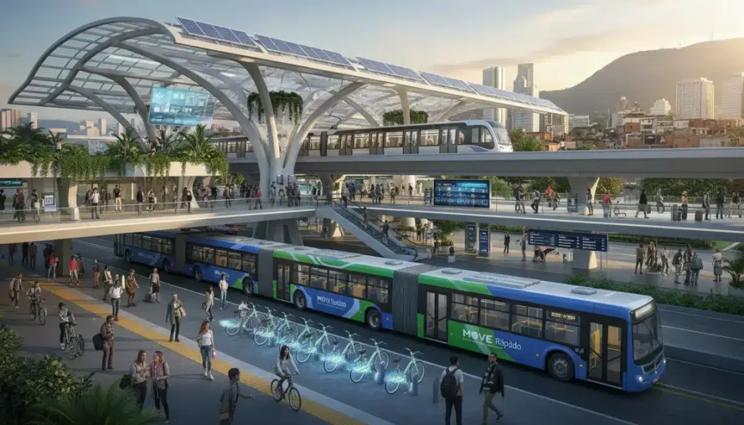 Ilustração de um hub de transporte integrado em uma cidade brasileira, com metrô, BRT e estações de bicicletas compartilhadas.