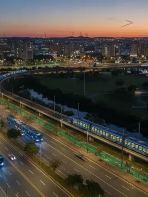 Vista aérea noturna de uma capital brasileira com sistemas de transporte sustentável, incluindo ônibus elétricos, ciclovias e VLT.