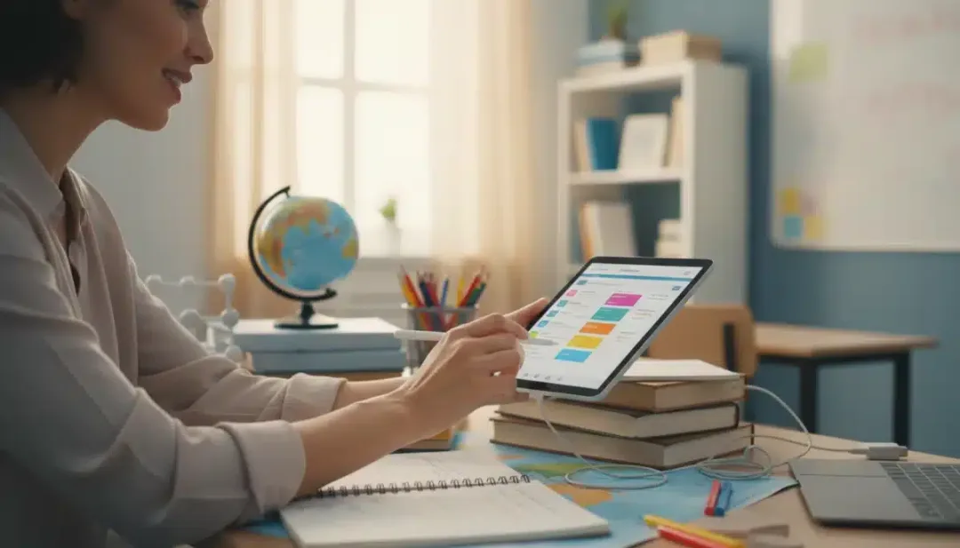 Professor utilizando tablet para planejar aulas, simbolizando a modernização das práticas pedagógicas e das diretrizes curriculares.
