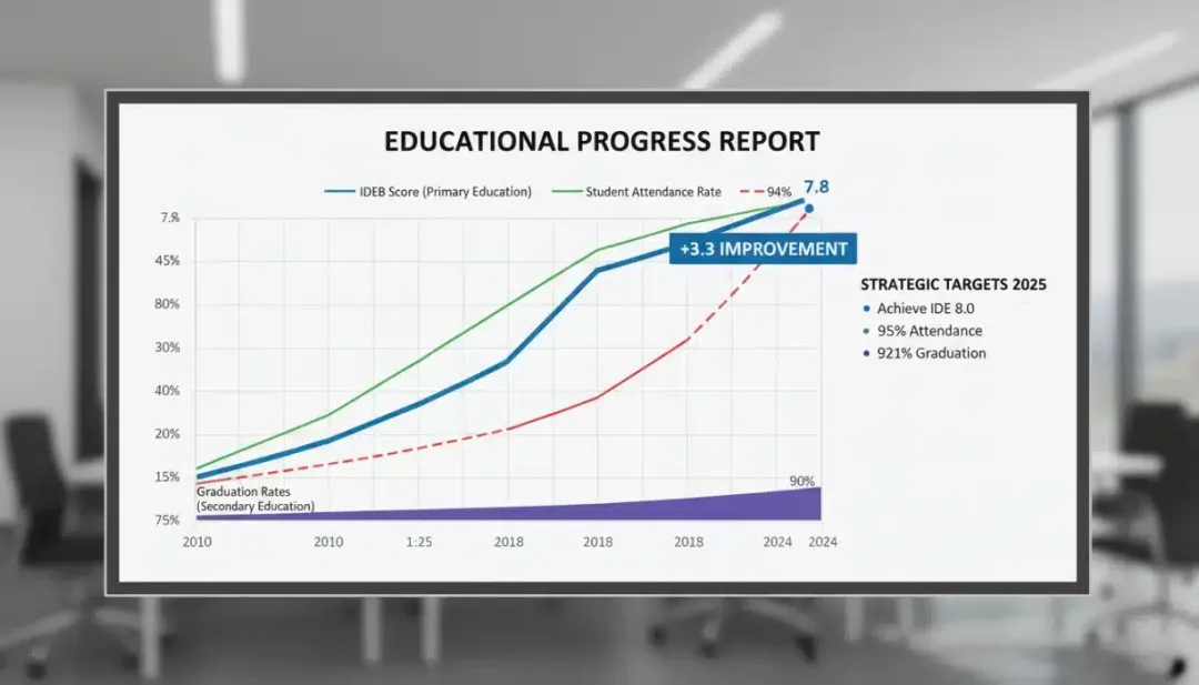 Gráfico mostrando a evolução do IDEB, com um aumento notável, ilustrando o impacto das novas diretrizes curriculares.