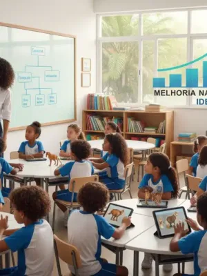 Crianças brasileiras em sala de aula interativa, representando as novas diretrizes educacionais de 2026 e a busca por um IDEB melhor.