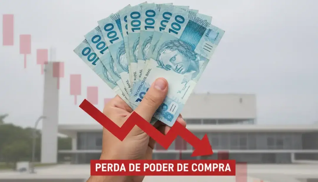 Mão segurando notas de Real com seta para baixo, simbolizando perda de poder de compra.